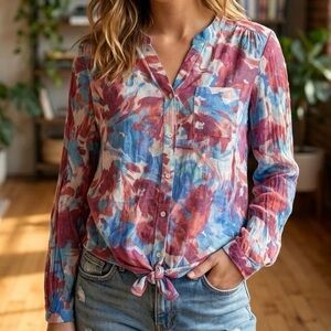 Zac & Rachel Watercolor Floral Button Down Tie-Front Top Blouse Shirt Artsy Boho